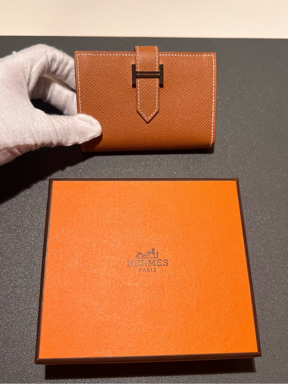 Hermes Bearn Mini Wallet Cardholder Epsom Gold (Brown) and Palladium Hardware